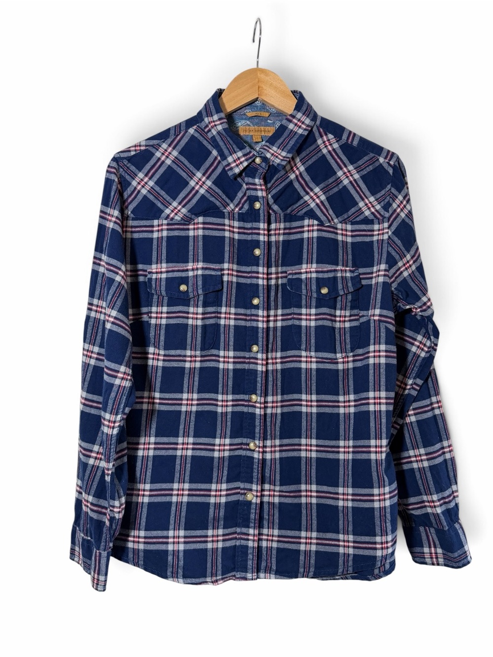 JACHS Girlfriend Flannel Navy Plaid Button-Down Sz M